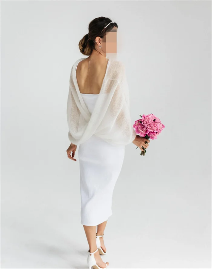 SA8649 New 2022 Wedding Bridal Lace Shawl Cape White Wedding Stoles Plain Mohair Blend Scarf Handmade Knitted Scarves