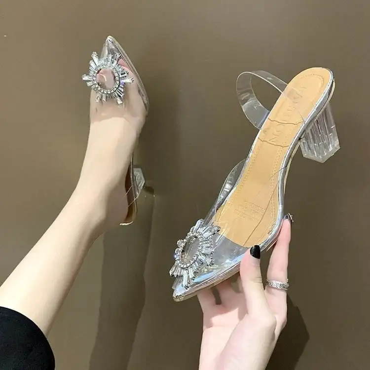 Luxury Plus Size 41 42 43 Bridal Shoes Transparent PVC Crystal Flat High Heel Pointed Toe Hard-Wearing Leather Insole Summer