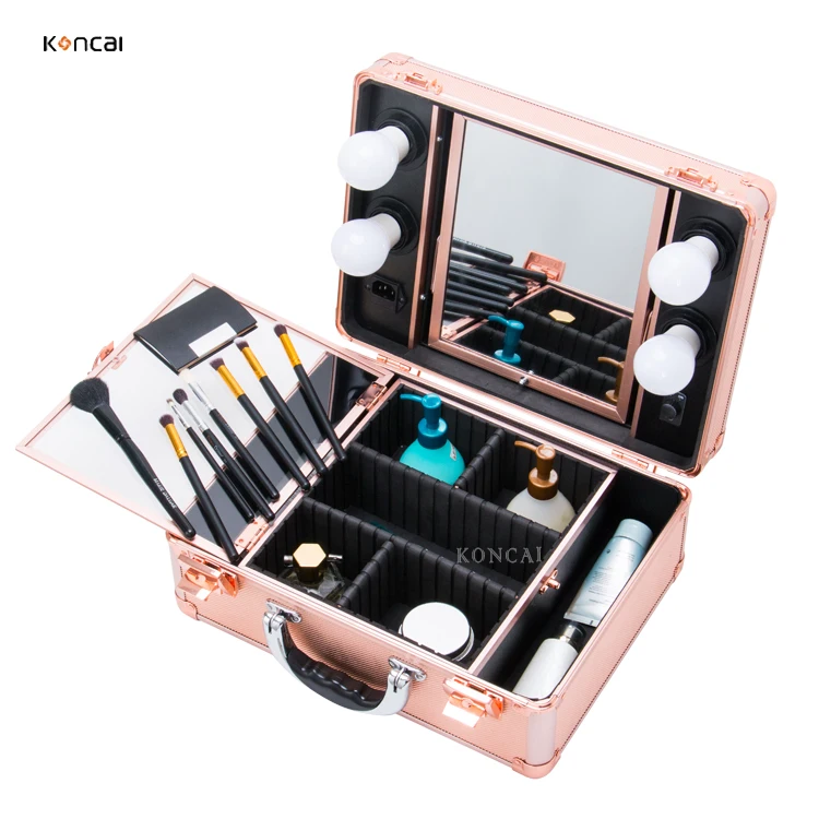 FAMA factory KONCAI  Hot Selling Portable Rolling Studio Case LED Lighted, makeup kit box rose gold  makeup case with light