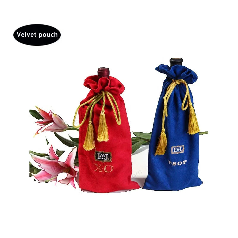 Luxury wine bottle wine velvet drawstring bag with tassel gifts packaging