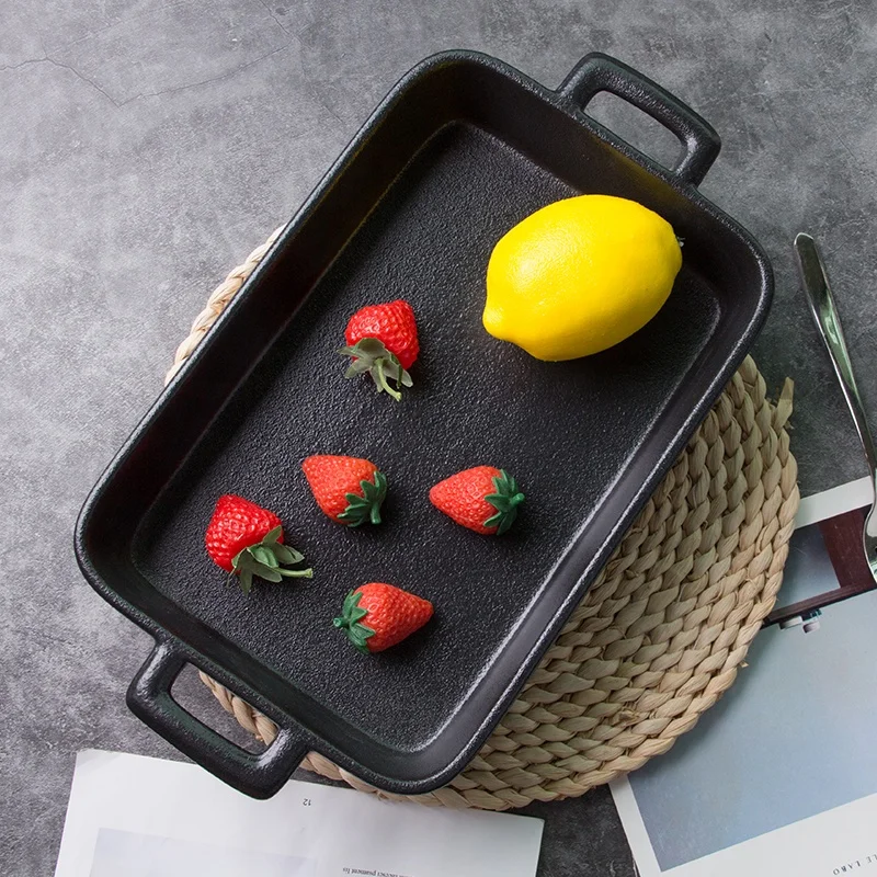 Custom Logo Rectangle Stoneware Bread Bakeware Pans with Double Handle black Ceramic Baking Tray Use of microwave oven