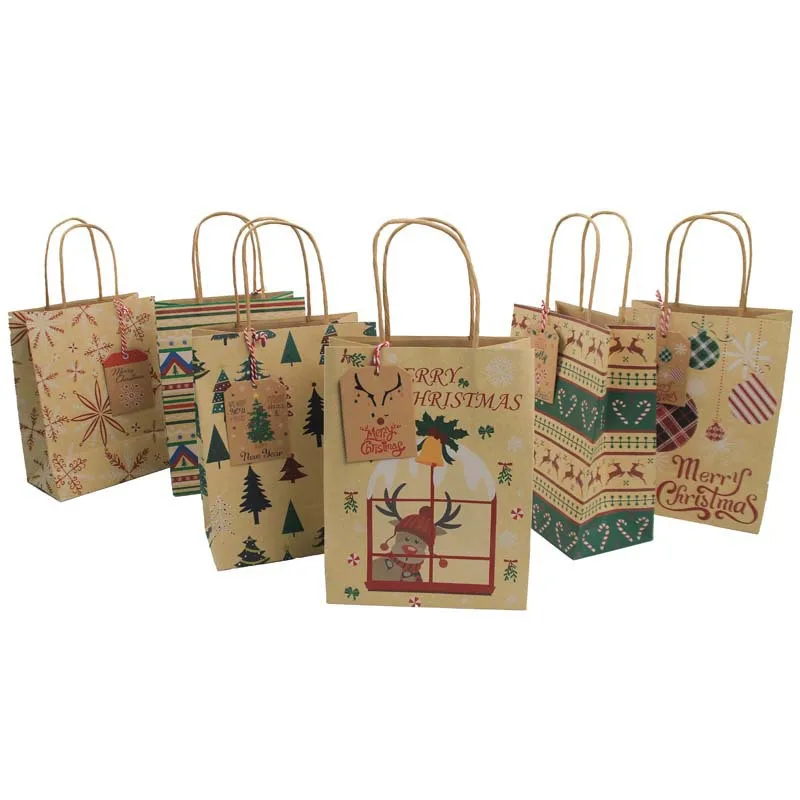 Custom Logo Kraft Paper Tote Bag Christmas Drawstring Candy Cookies Gift Packaging Pouch New Year Xmas Party Gift Paper Bag
