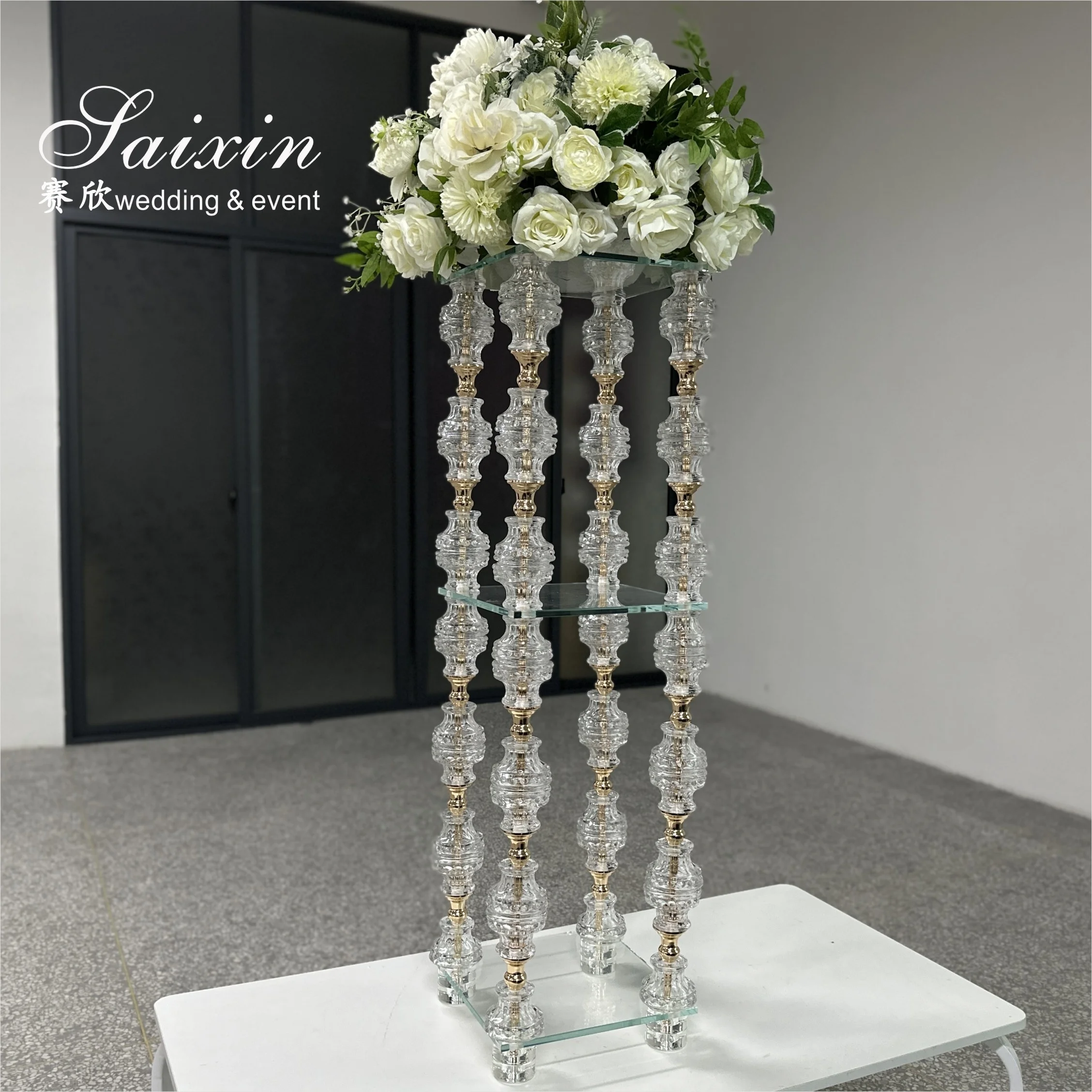 Chic New Wedding Decoration Centerpiece Gold Metal Crystal  Flower Stand
