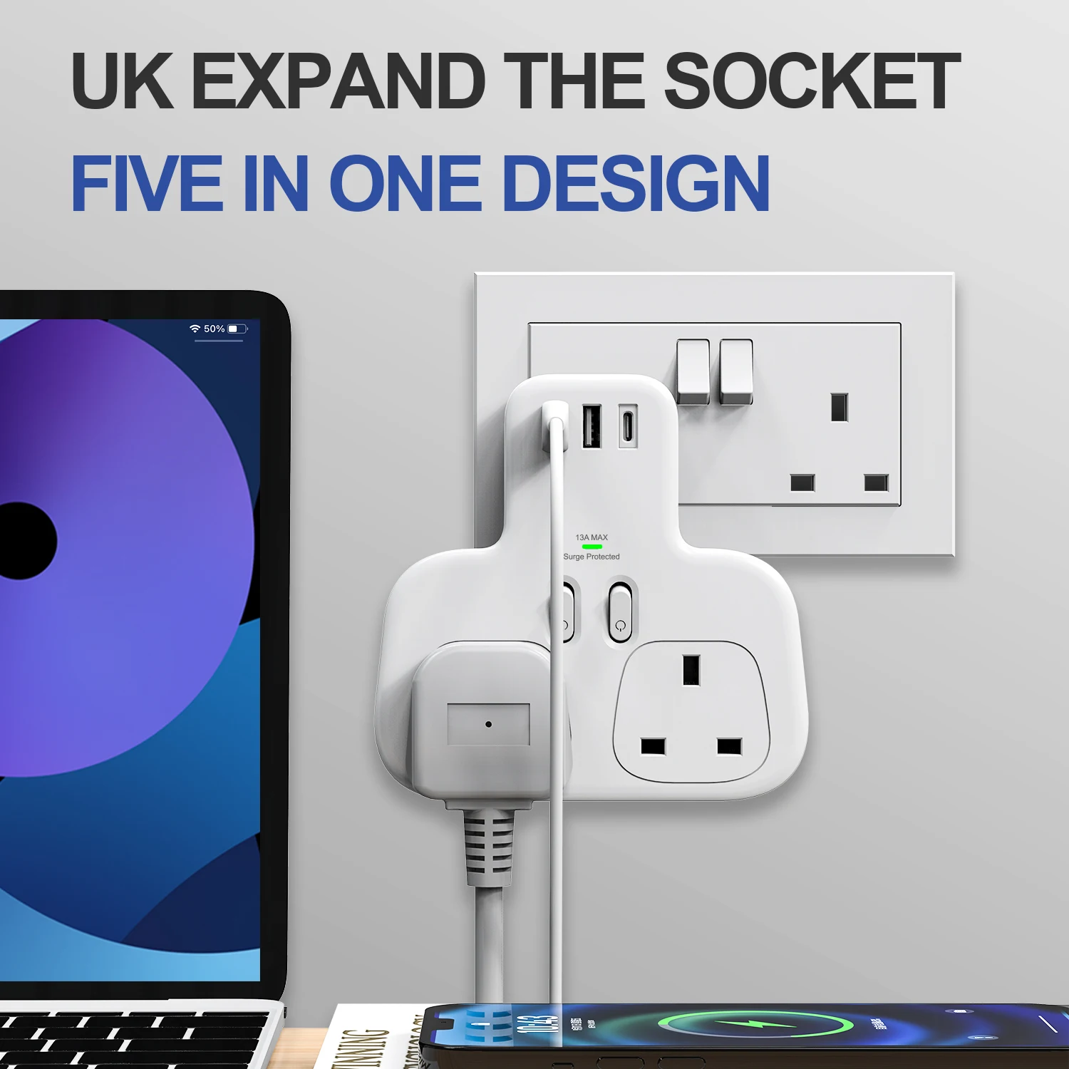 Double Plug Adaptor with USB C, 2 Way Plugs Extension Multi Sockets Wall Charger Adapter, 13A UK 3 Pin Power Socket for Bedroom