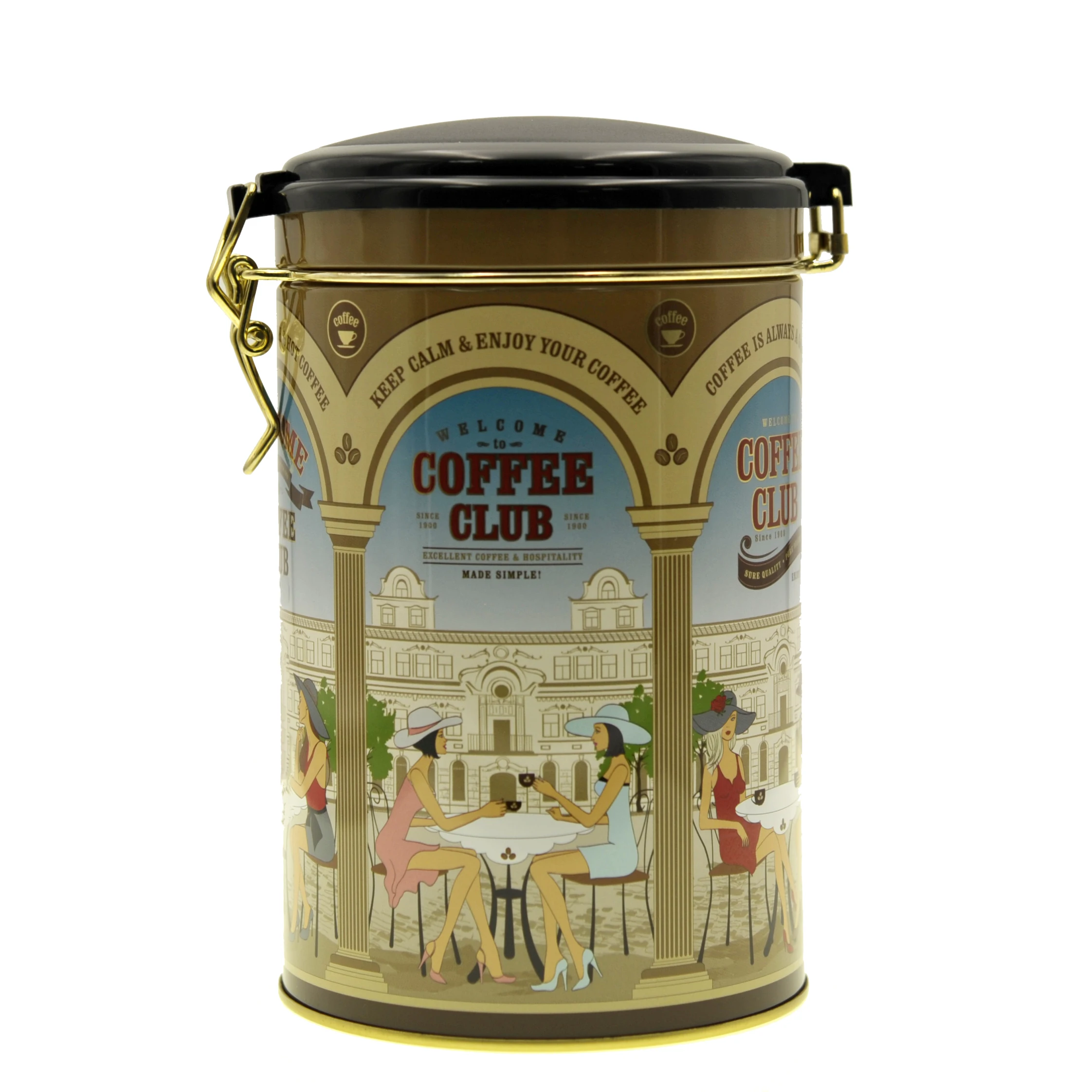 OEM Classic Coffee Tin Packaging Round Shape Tea Tin Box With Plastic Lid