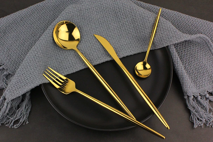 
Hot Sale Mirror Polishing Gold Plated 304 Stainless Steel Wedding Cutlery Table Spoon Fork Knife Flatware Set for Hotel 