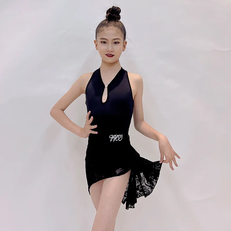 Latin Dance Dress Set Children Latin Dance Short Skirt Girl Black Split Dance Practice Costume Costume Custom