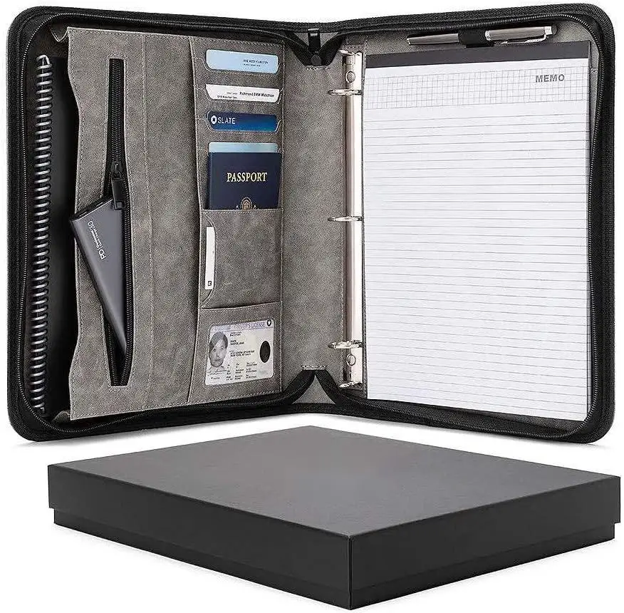 Hot-sale Office Supplies Products A4 Business Zipper Leather Portfolio Document File Organizer Folder