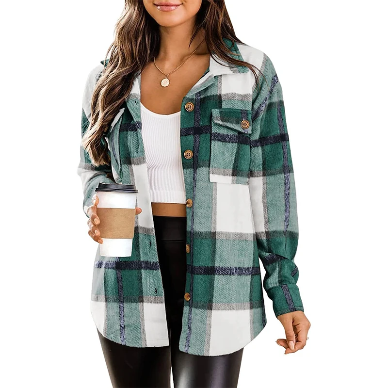 2023 New Casual Plaid Fleece Blend Button Down Long Sleeve Shirt Plaid Shirt Flannel