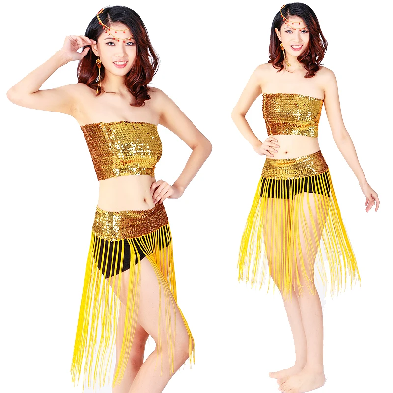 Wholesale Supply Sexy Dance Costumes Sequin Top Tassel Skirt Suit Set Festival Party Club Fancy Dress Belly Dance Costume