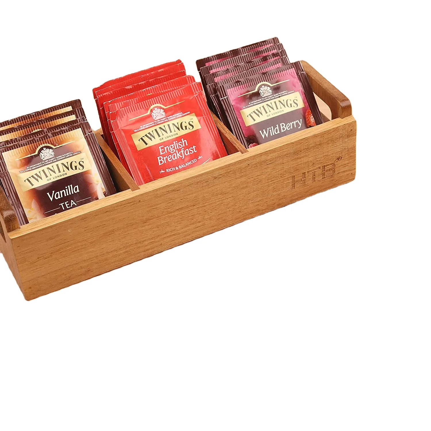 Wooden Tea Bag Box by HTB, 3 Compartments Acacia Wood Tea Bag Chest with Handle, Mini Countertop Divided Storage Container for B