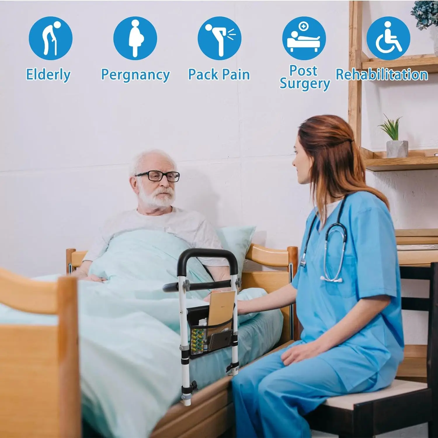 Bed Rail for Elderly Adults Safety Assist Handlebar for Bed with Storage Bag,Bed Assist Grab Bar Handle Helps Getting in and Out