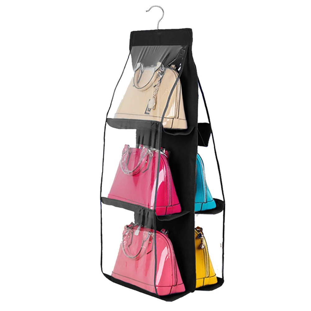 New 6 Pockets Shelf Tote Rack Bag Clear Hanging Purse Handbag Organizer Storage Holder Wardrobe Closets