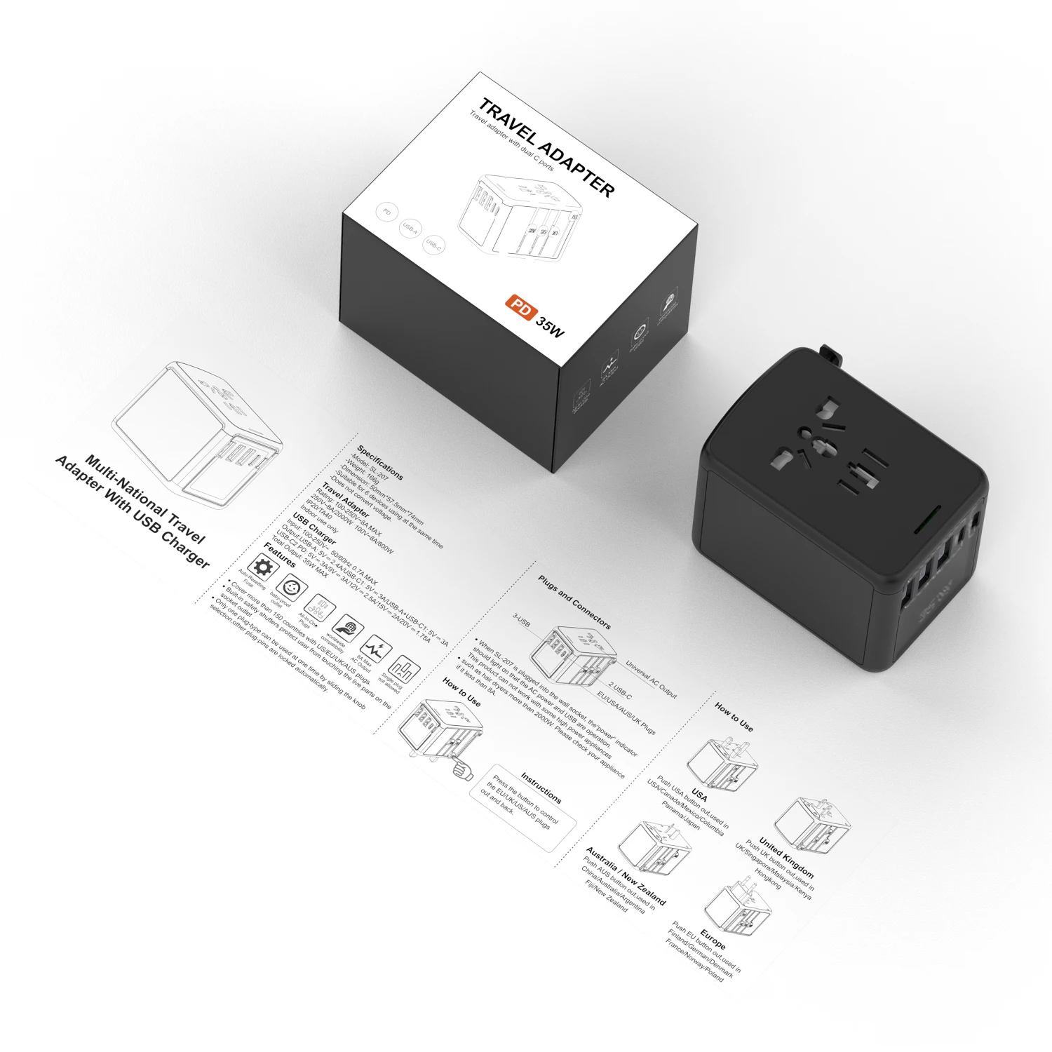Запасной адаптер предохранителя для путешествий OEM бренд Международный адаптер питания все в одном USB адаптер для путешествий деловой Универсальный вилки для Великобритании, ЕС, США