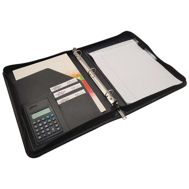 Modernqiu A4 Conference Document Portfolio 3 Ring Binder with Calculator File Folder PU Leather Modern Filing Products
