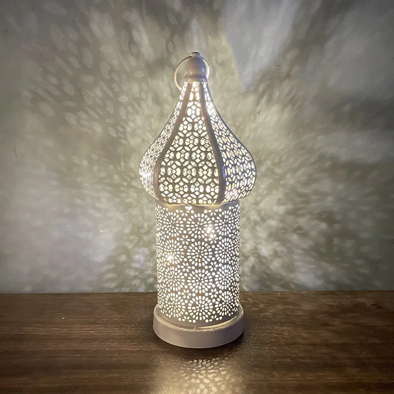 Moroccan white hollow led wind lamp iron lantern home bedroom atmosphere surround decoration