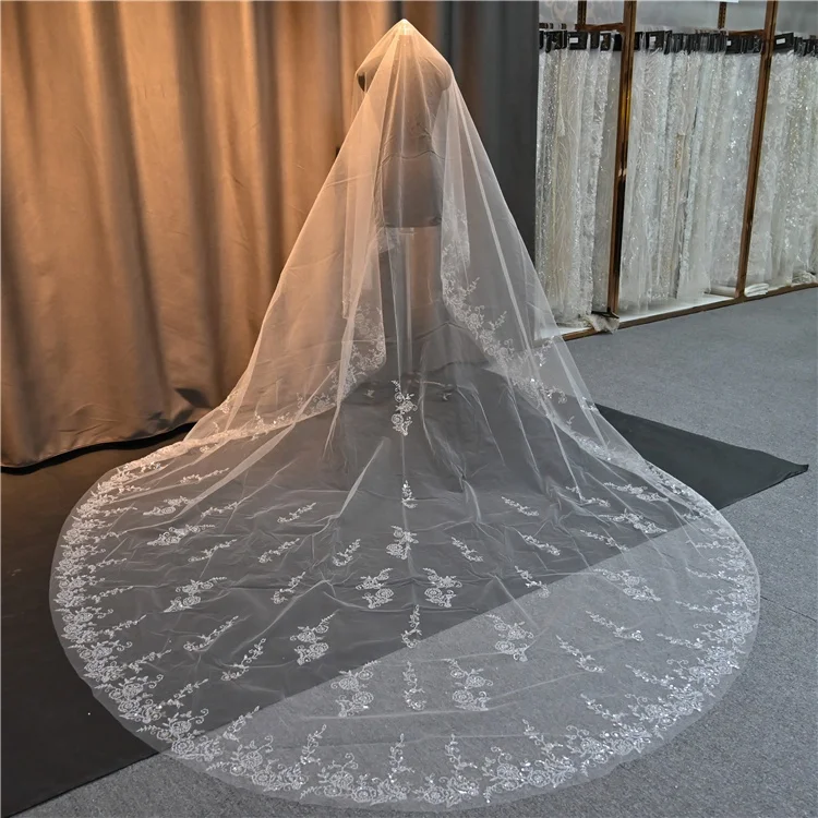 In stock korea style long lace bridal veil with 1 layer cathedral white ivory wedding veil for wedding