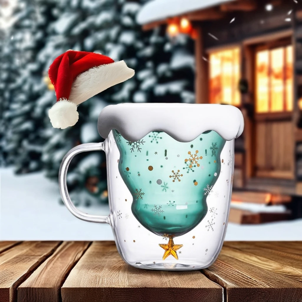 Custom Christmas Tree Shaped Double Wall Glass Mug Cute Cup with Handle and Lid for Coffee or Tea