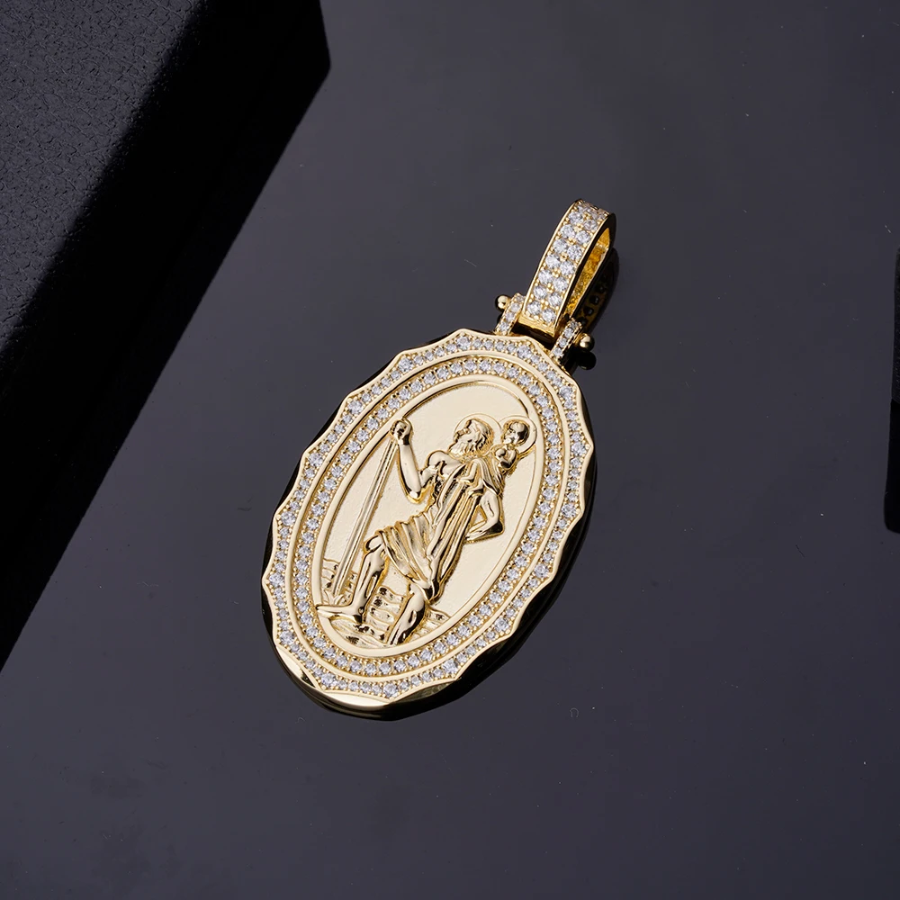 Religion Vintage Christopher Gold Plated CZ Icy Baguette Medallion Oval Brass Bezel 925 Silver St Christopher Pendant