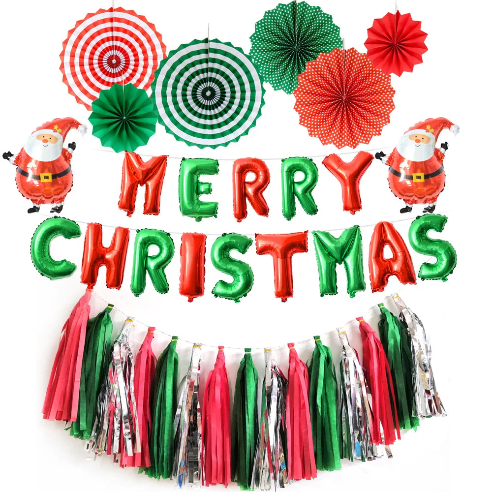 Wholesale Christmas Party Supplies Red Green Paper Fan Flower Merry Christmas Letter Balloon Tassel Set