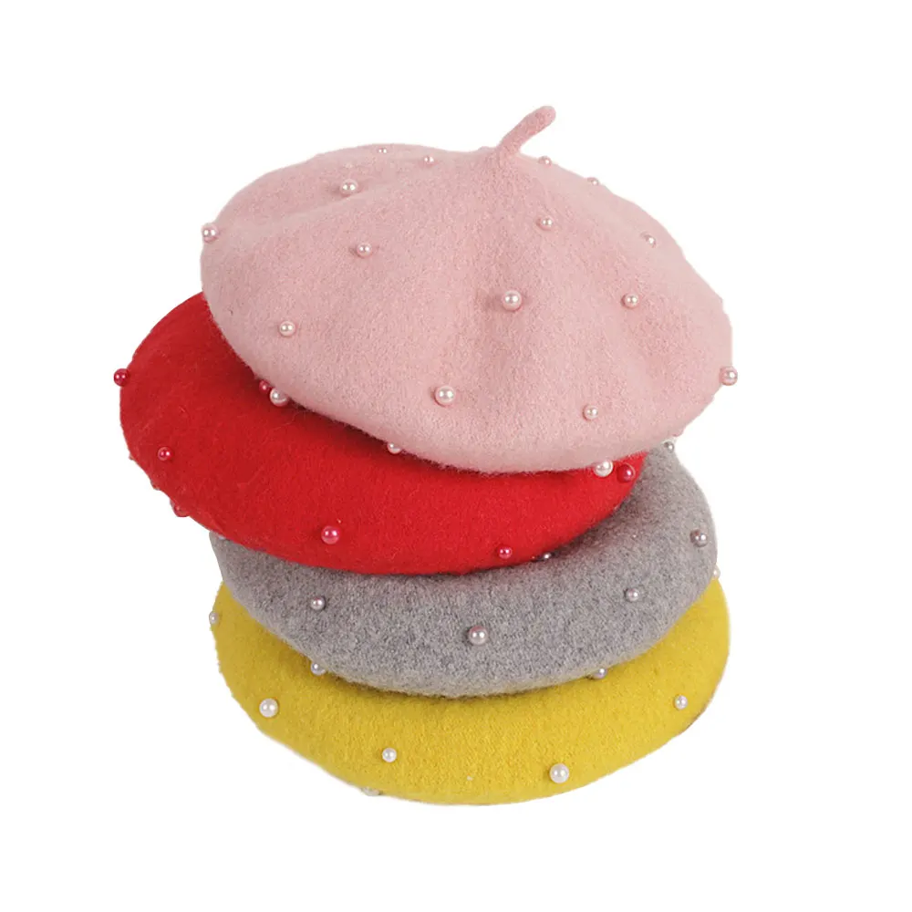 Spring Autumn Vintage Rivet Pearl Girl Baby Berets Wool Solid Color Girls Beret Hat Christmas Bonnet Painter Cashmere Hat
