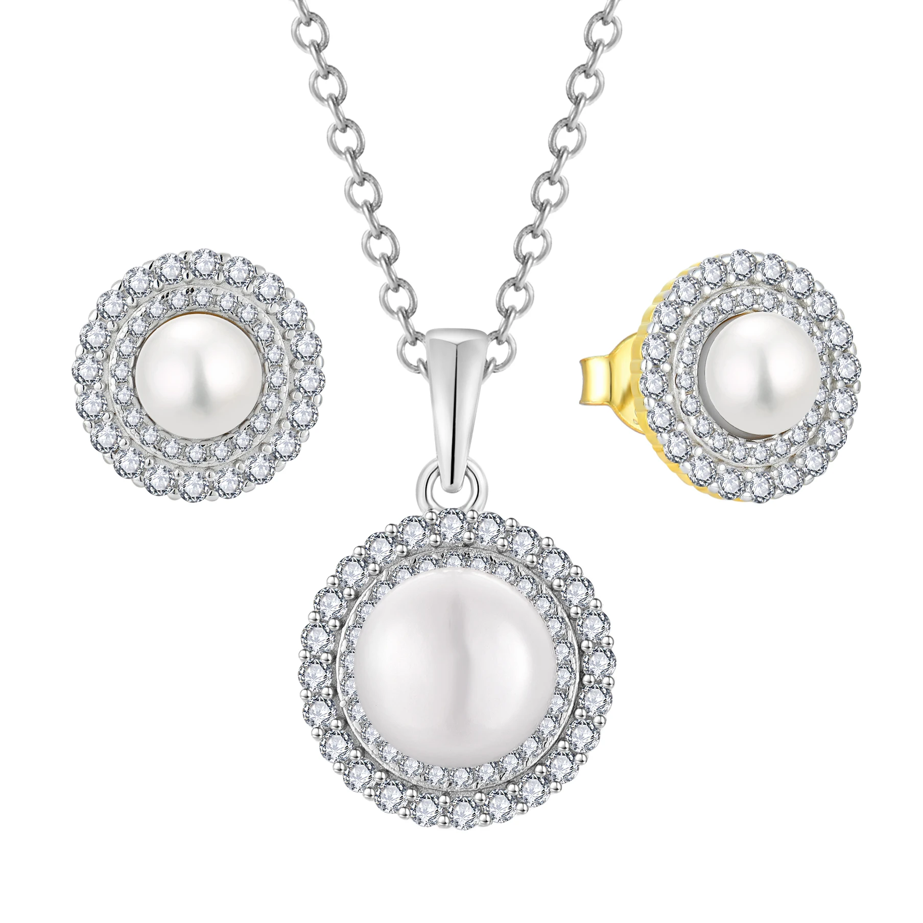 Classic Round Freshwater Pearl Women Wedding Jewellery Set 100% 925 Sterling Silver Bridal Pendant Necklace Earring