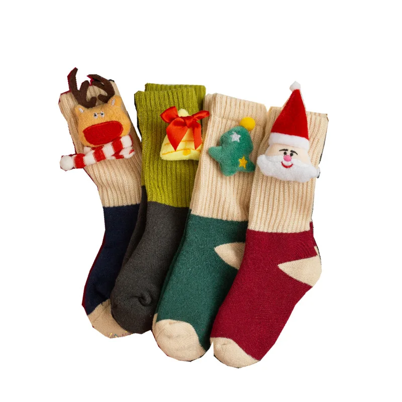 Jingwen OEM Calcetines Navidenos Winter Terry Christmas Baby Socks With Ribbons
