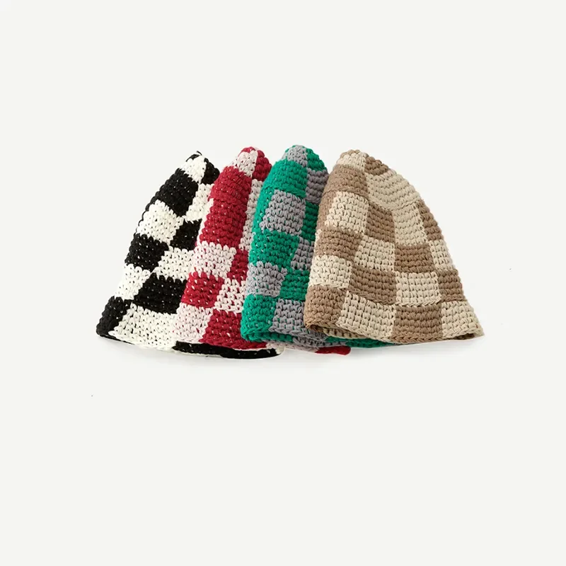 Custom colorful ladies hand made crochet fisherman cap hat chunky checkered knitted crochet bucket hat