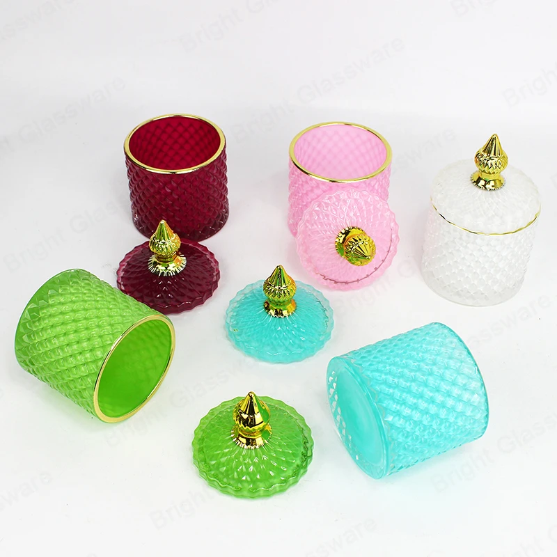 Wholesale colorful crystal sugar bowl glass candy dish jar with lid geo cut candle jars for candle making wedding decoration