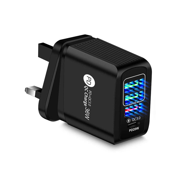 Most Popular Products 36W 4-Port QC3.0 3USB + PD Wall Fast Chargers Power Adapters for iPhone Samsung LG HTC