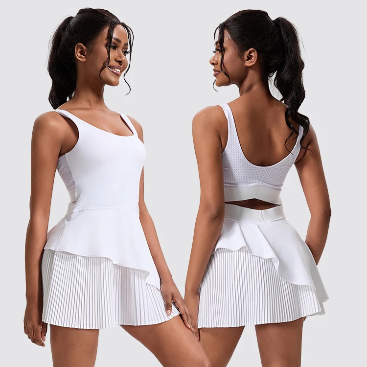 Hingto Custom White Irregular Pleated One Piece Tennis Dress With Anti-Exposure Shorts