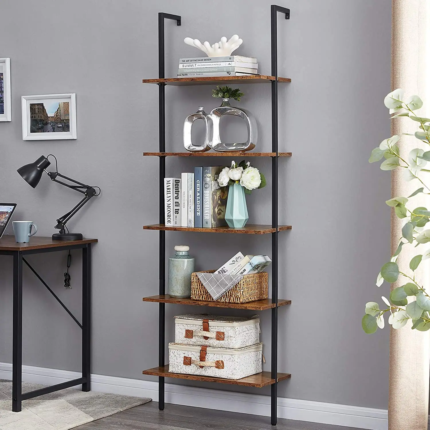 Multifunctional Storage Shelf Rack - Rustic Bookcase with Metal Frame Perfect for Adding Vintage Practicality to Your Home Decor