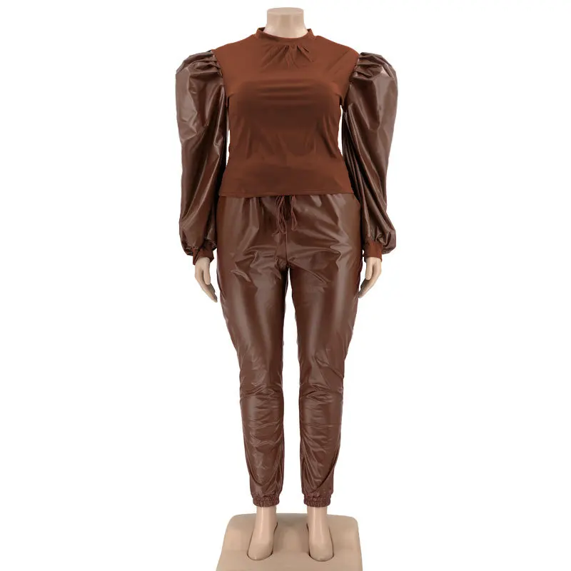 Модные трендовые женские комплекты больших размеров из искусственной кожи с рукавами-фонариками