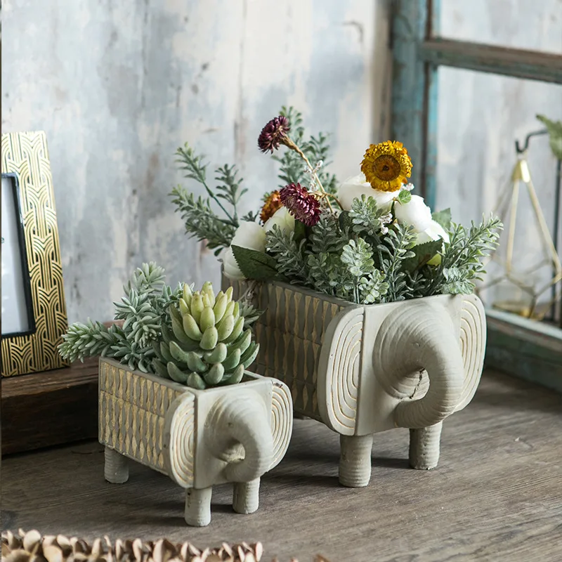 Balcony Garden Decoration Planting Succulent Green Plants Vase Animal Abstract Cement Elephant Statue Flower Pots