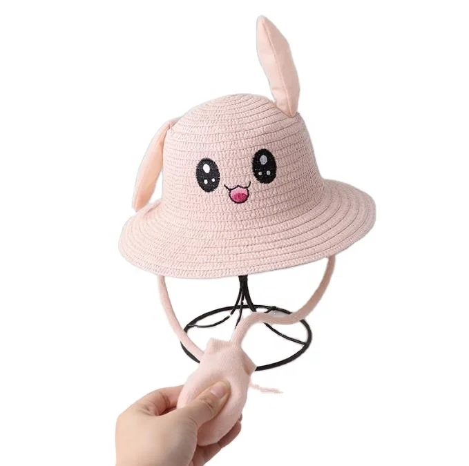 Tiktok Hot Style Kids Cute Rabbit Straw Hat Funny Moving Ears Summer Outdoor Beach Sunhat for Boys Girls Children Plain 7 Cm