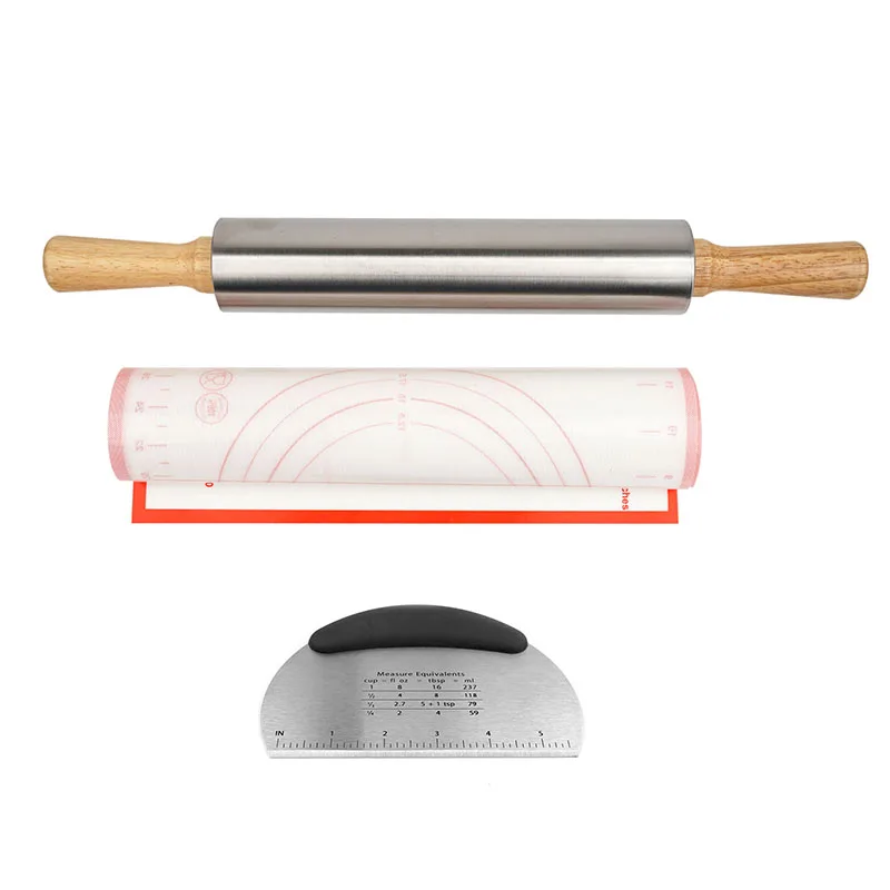 Non Stick Wood Sides Stainless Steel Kitchenware Set Rolling Pin Dough Mat Dough Cutter Roller Pin Baking Bakery Bakeware