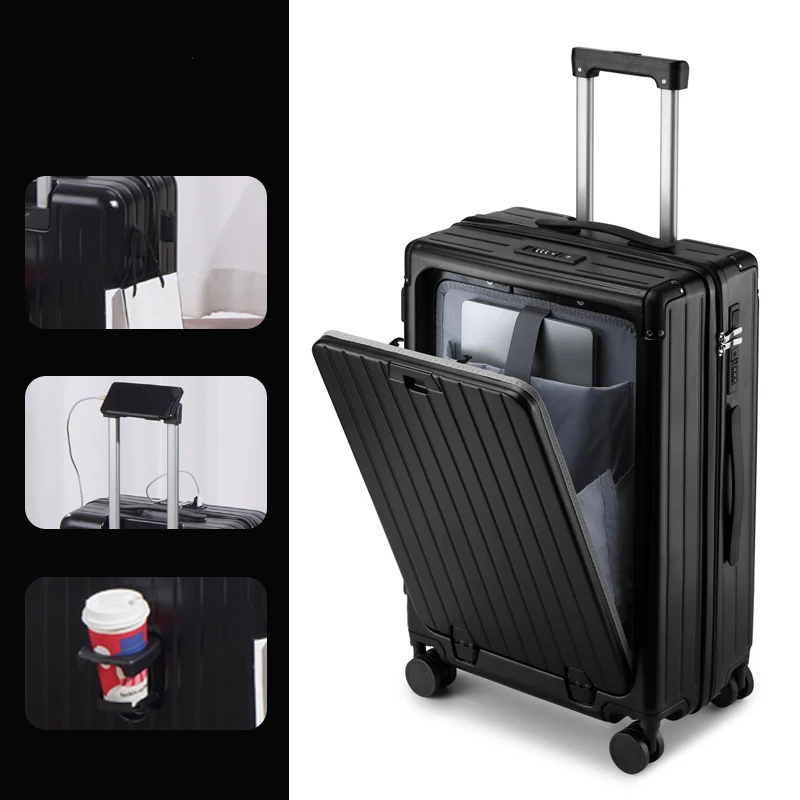 Unisex New 20 Inch Cabin Case with USB Charging and Phone Holder Front Opening Trolley Suitcase Luggage for Women and Boys