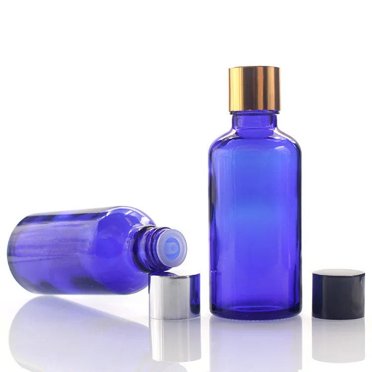 
50 ml stock blue essential oil cosmetic glass bottle with screw dropper 