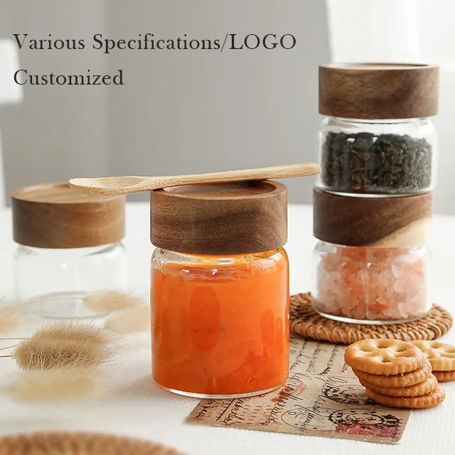 Factory Acacia Screw Seal Spice Container Cover Storage Glass Jar Wooden Lid