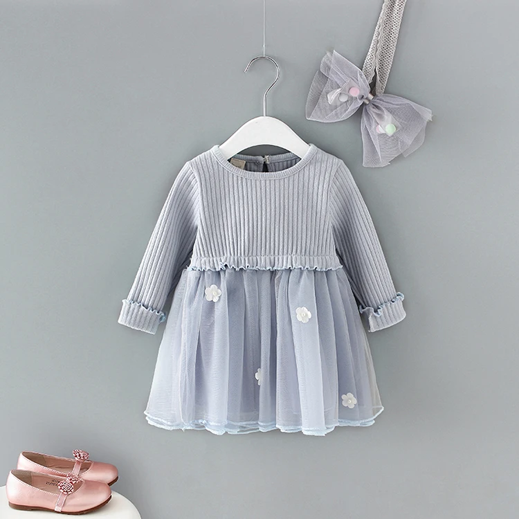 Boutique baby girl dress knitted top and gauzy skirt baby dress for Spring