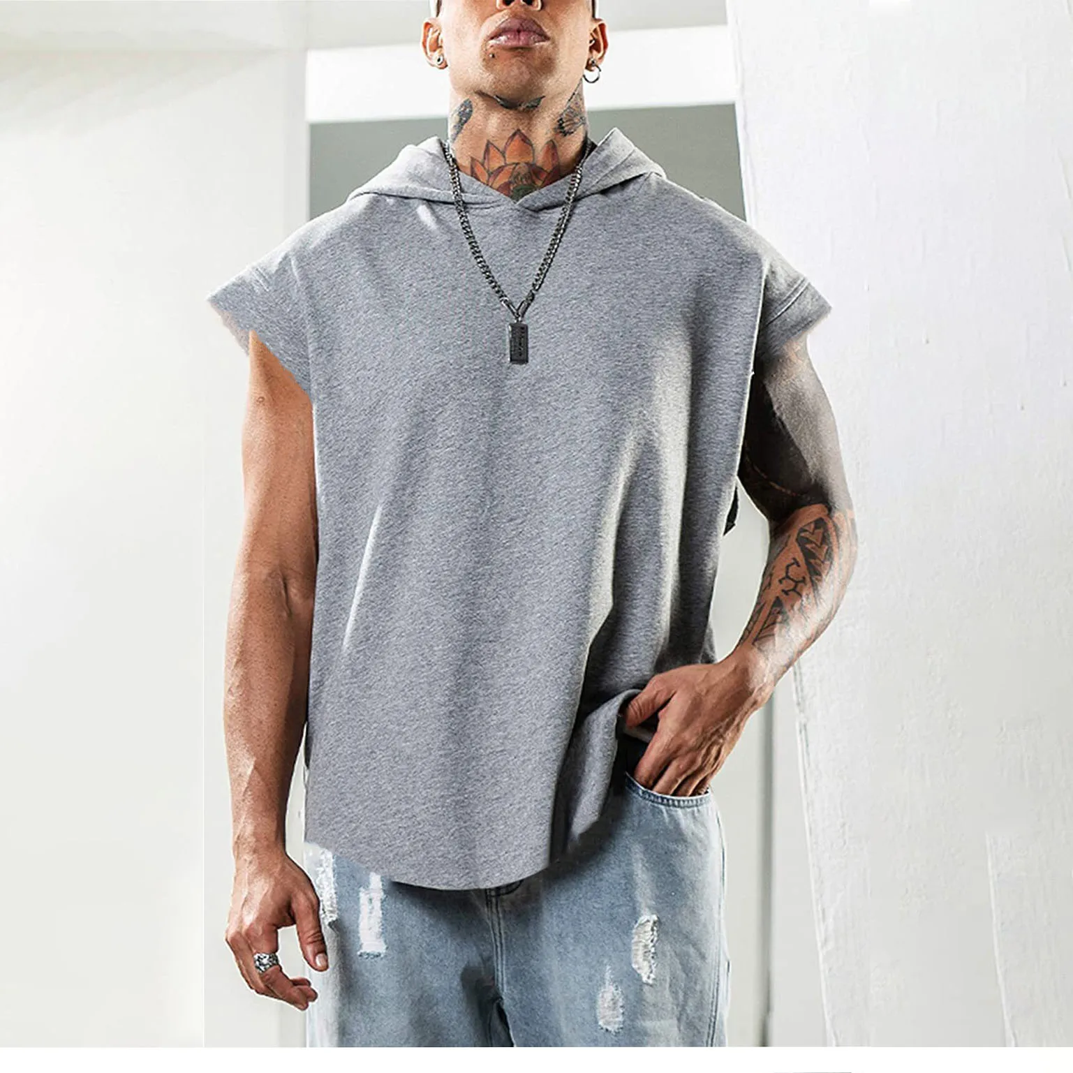 Wholesale Sleeveless Leisure Oversize Hoodie Solid Color Quick Dry Sweatshirts Men Pull Over Off Shoulder Gym Fitness Men Tops