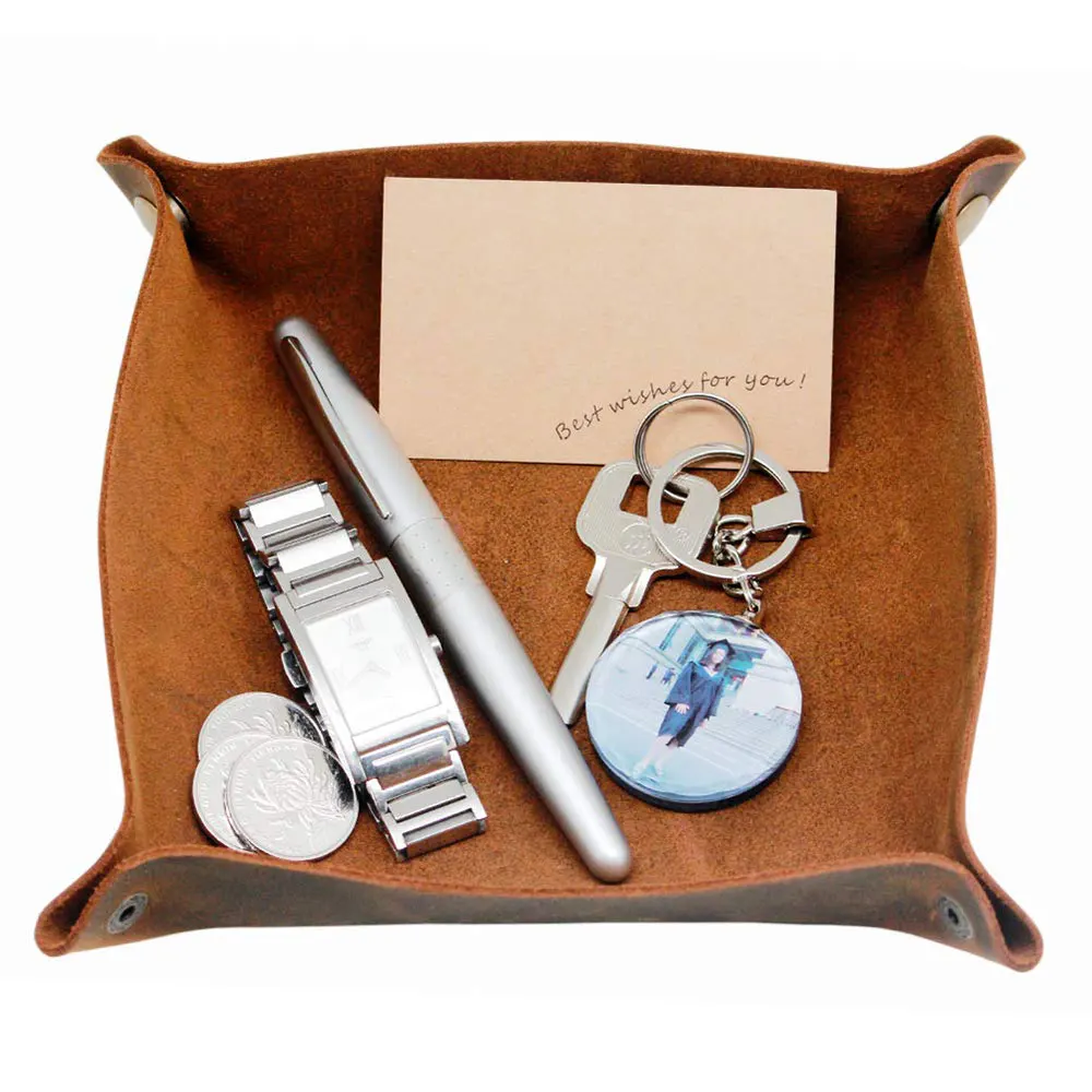 New Design Leather Folding tray for Men Leather Jewelry Catchall Key Phone Coin Box Change Caddy Bedside Storage Box