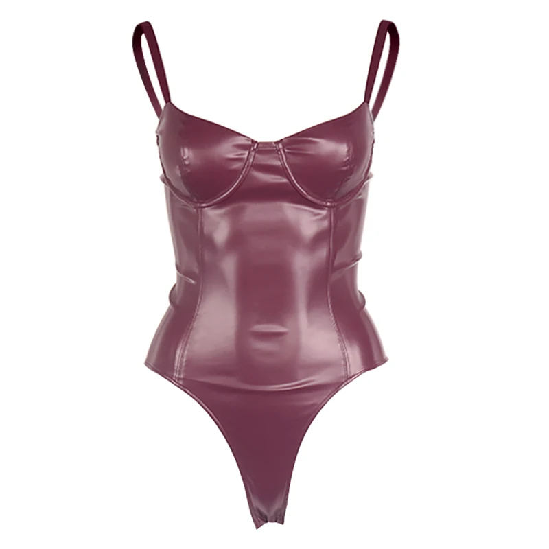 Underwear seamless one piece brown women black sleeveless backless thong pu faux shiny leather sexy bodysuit