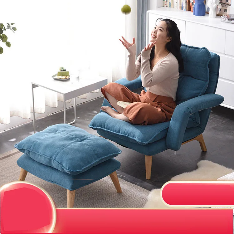 Comfortable lazy fabric sofa multifunctional folding sofa bed solid wood legs reclining lazy sofa chair with footstool