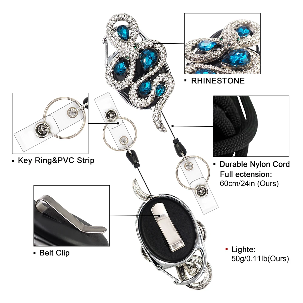 Amazon NEW upgrade luxury crystal Rhinestone diamonds micro paved  keychain buckle Retractable Jewelry ID Card holder badge reel