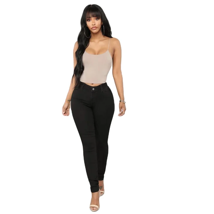 2023 Fashion oem blue black mid waist slim denim ladies skinny pants women elastic pencil solid jeans