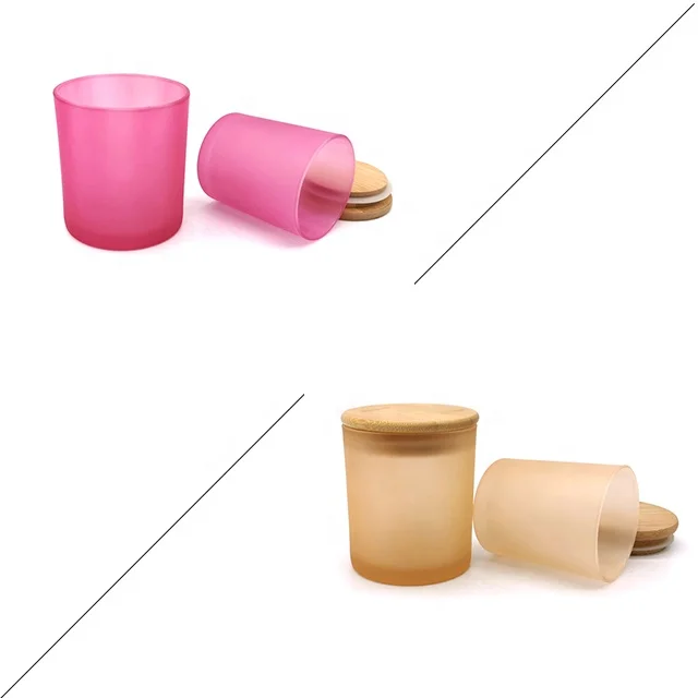 Multi color frosted empty glass candle jars with wooden lids in bulk for candle making