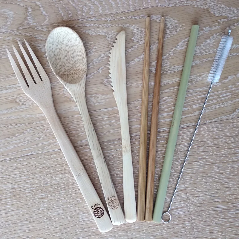 
6pcs Travel Bamboo Cutlery Set With Straw 