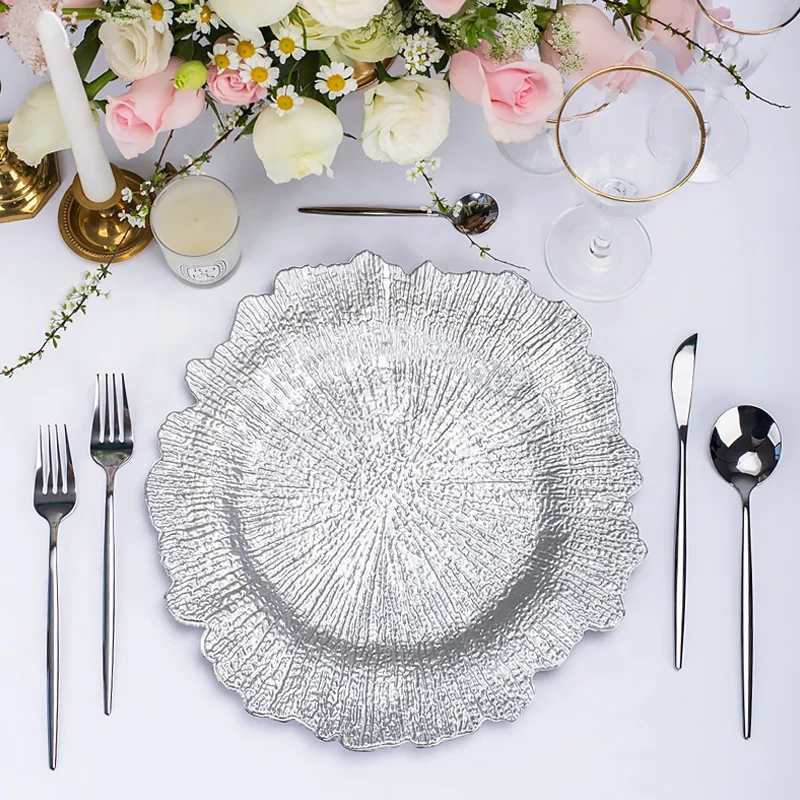 wavy plastic purple pink rose gold beaded white black charger plates new wedding and restaurant decoration charger plate wedding