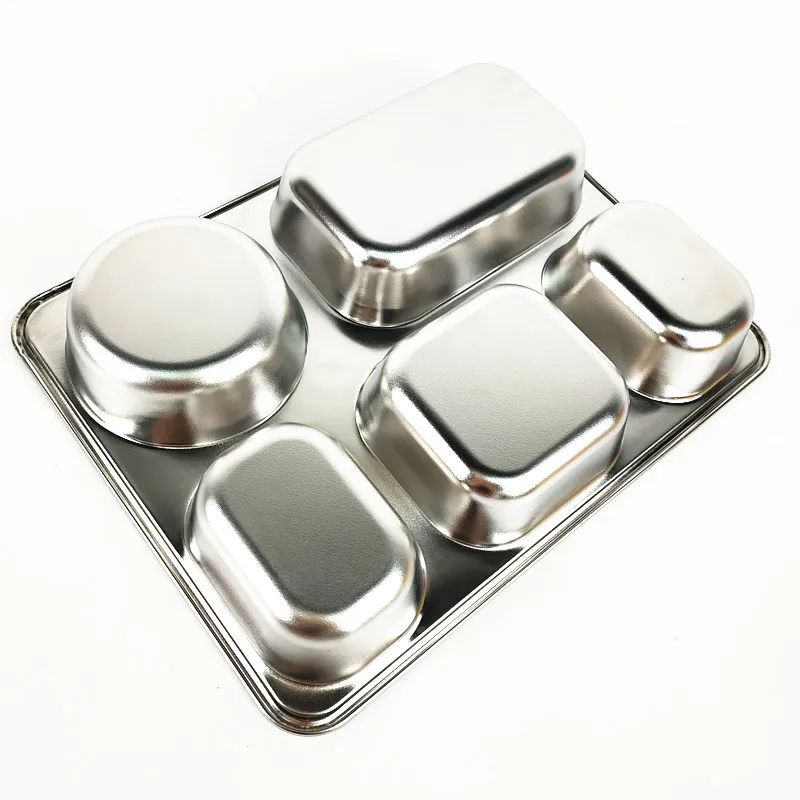 Stainless Steel 5 Compartments Rectangular Plates, Thali, Mess Tray, Dinner Plate Set for hospital
